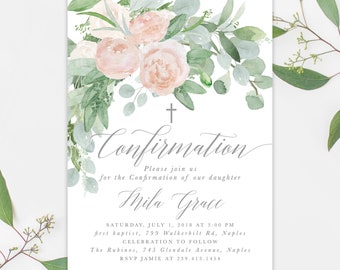 Confirmation Invitation Girl, Girl Confirmation Invite, Floral Confirmation Invitation, Blush Pink Roses, Florals and Rustic Greenery, Mila