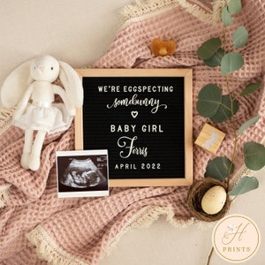 Anuncio de embarazo de Pascua de niña para redes sociales, anuncio editable de bebé de primavera redes sociales, anuncios de eggspecting Somebunny