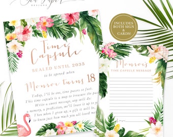 Personalized Time Capsule Sign & Card - Printed or Digital - First Birthday, Baby Shower or Baptism - Tropical Florals and Greenery - Maya