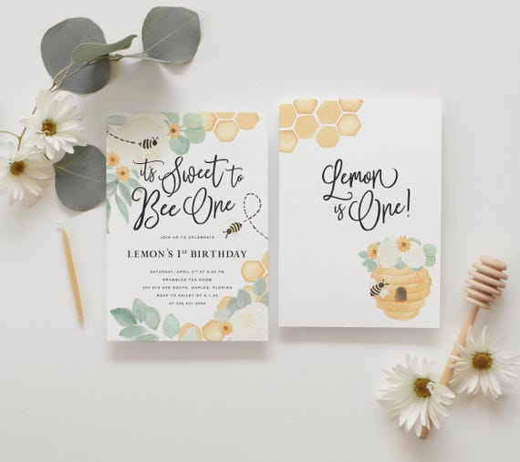 Bee 1st Birthday Invitation, First Bee-Day Bee Birthday Invitation, Honey Bee Birthday Invite, Bee Birthday Invitation, Sweet to Bee One