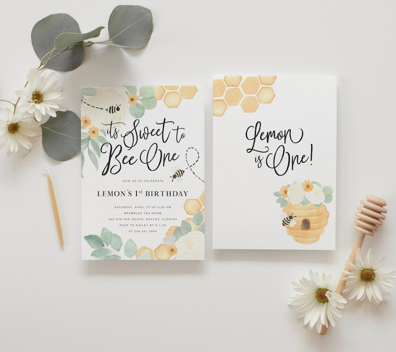 Bee 1st Birthday Invitation, First Bee-Day Bee Birthday Invitation, Honey Bee Birthday Invite, Bee Birthday Invitation, Sweet to Bee One image 1