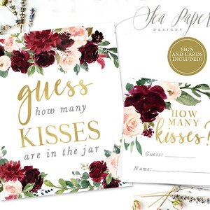 Raad eens hoeveel kussen? Zijn in de pot teken & kaarten, bruids/baby shower spel, Bourgondië, blozen roze bloemen-INSTANT DOWNLOAD-KR-B Kristen