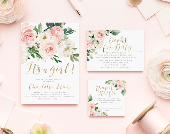 Girl Baby Shower Invitation Set: Baby Shower Invitation Girl, Floral baby shower invite, Blush Pink White, Gold, Printed/Printable Charlotte Il_570xn