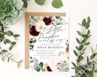 Fall Baby Shower Invitation, Pumpkin Baby Shower Invitation, Fall Baby Shower Invite Girl, Succulents, Burgundy & Blush Pink Invite - Adele