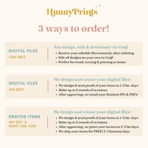 May include: An informational graphic titled HunnyPrints 3 ways to order! outlining three service options: Digital Files You Edit via Corjl, Digital Files We Edit, and Printed Items We Edit & Print For You, with bulleted details for each service.