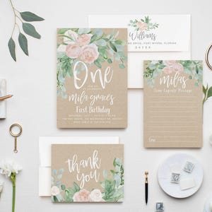 Girl First Birthday Invitation: Girl's Birthday Invite, Turning One, 1st Birthday, Floral, Blush Roses, Greenery, Kraft, Rustic, Boho - Mila Bild 2
