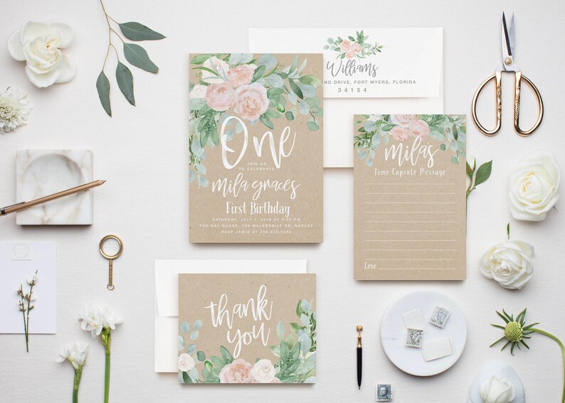 Girl First Birthday Invitation: Girl's Birthday Invite, Turning One, 1st Birthday, Floral, Blush Roses, Greenery, Kraft, Rustic, Boho - Mila Bild 2