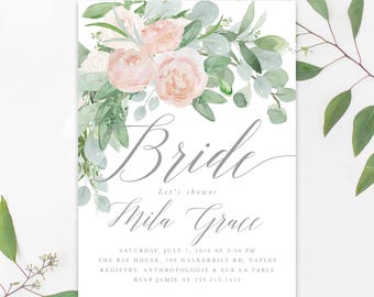 Floral Bridal Shower Invite: Shower the Bride, Garden Flower Invitation, Blush Pink Roses, Grey & Greenery - Printed or Digital - Mila