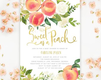 Sweet as a Peach Baby Shower Invitations: Peaches Printed Invites with Envelopes - Gold | Invitation Printing or Digital