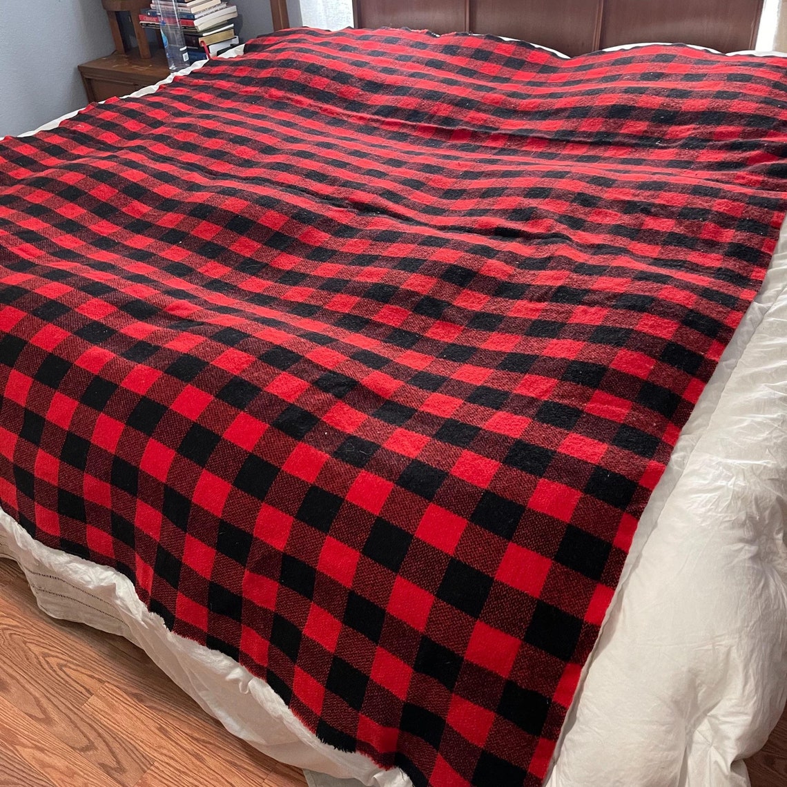 Vintage L.L. Bean Log Cabin Wool Red Check Camp Blanket Etsy