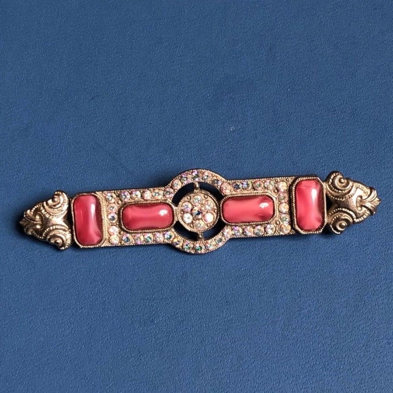 Vintage Bar Pin Rhinestones Pink Stones Brooch
