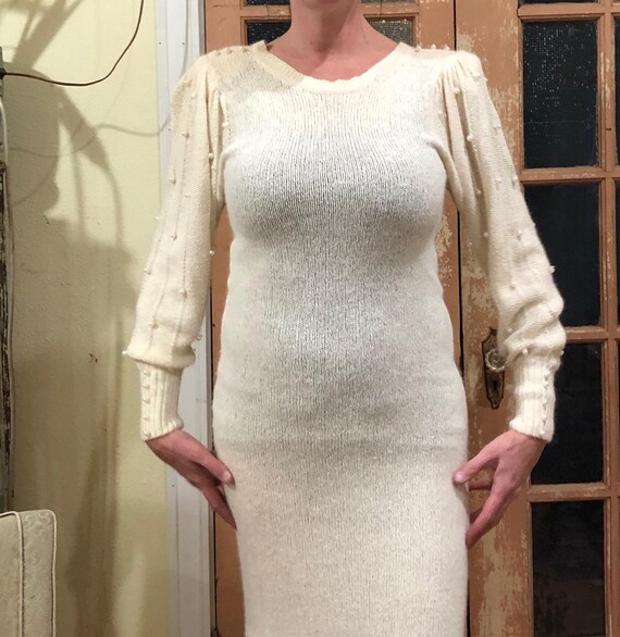 Vintage 1980's Silk \u0026 Angora Sweater Dress Knit S Beaded Puff Sleeves