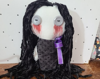 Evelyn the bloody eyed girl, Horror doll, scary doll, goth doll, weird doll, art doll, gothic, black dress