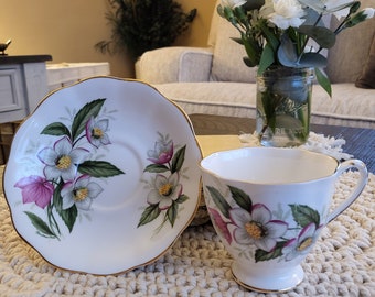 Vintage ROYAL STANDARD Tea Cup and Saucer, Fine Bone China England, #2237 Christmas Rose, Pink and White Flowers, Gold Trim 1950-1960's