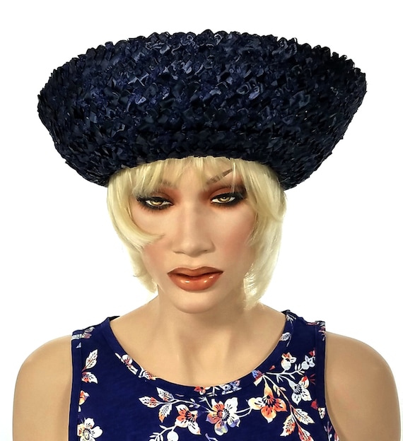 Antique French ladies navy blue straw hat