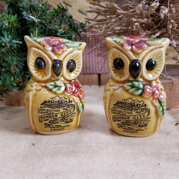 Vintage Kansas City Owl Salt & Pepper Shakers, Vintage Souvenir Kansas City Convention Complex, International Airport Kansas, Retro 1950's