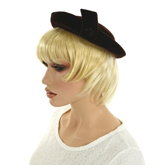 Vintage Brown Velvet Pillbox Hat, Covered Button … - image 1