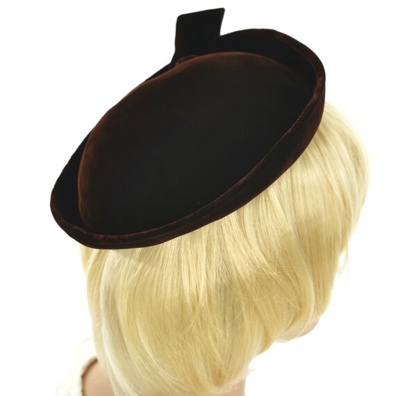 Vintage Brown Velvet Pillbox Hat, Covered Button … - image 7