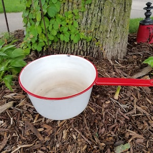 Vintage Enamelware Pan: Large White and Red Farmhouse Decor