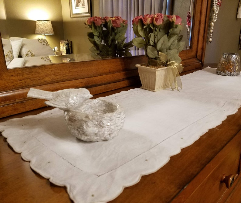 Two Vintage White Linen Dresser Scarves Taupe Trim Dots Khaki Scalloped Edge Open Weave Design Table Runner Retro Bedroom Decor