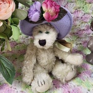 Vintage Boyds Bear &quot;Twila&quot;: Beige Plush with Lavender Peony Hat