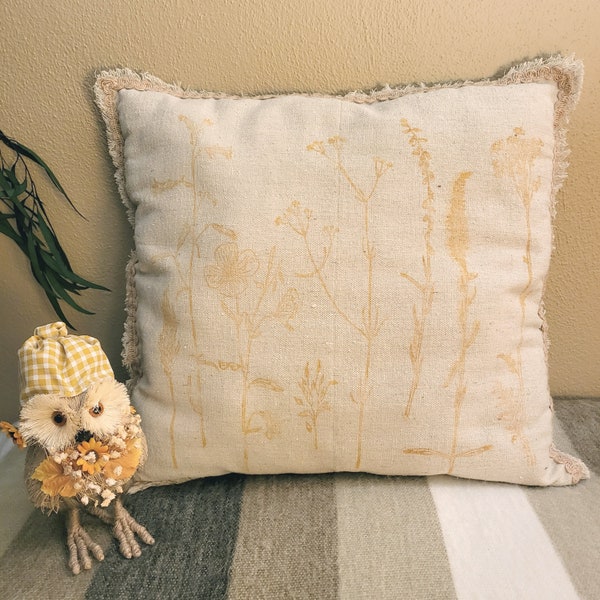 Hand Stamped Ochre Yellow Flower Sprigs HANDMADE THROW PILLOW, Drop Cloth Accent Pillow, Beige Twine Trim, Cottage Rustic Farmhouse Decor