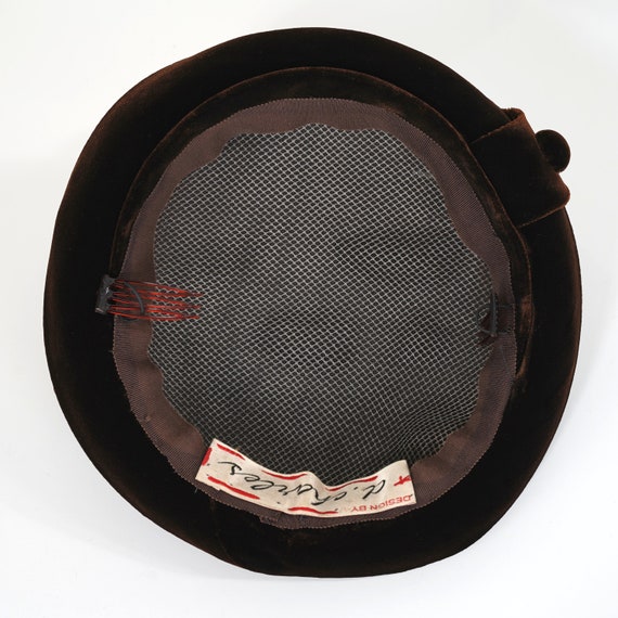 Vintage Brown Velvet Pillbox Hat, Covered Button … - image 10