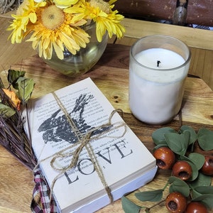 May include: A stack of books wrapped in twine with a red and white checkered ribbon. The books have the word "LOVE" printed on the cover. The books are sitting on a wooden surface with a candle, a vase of flowers, and a sprig of greenery with brown berries.