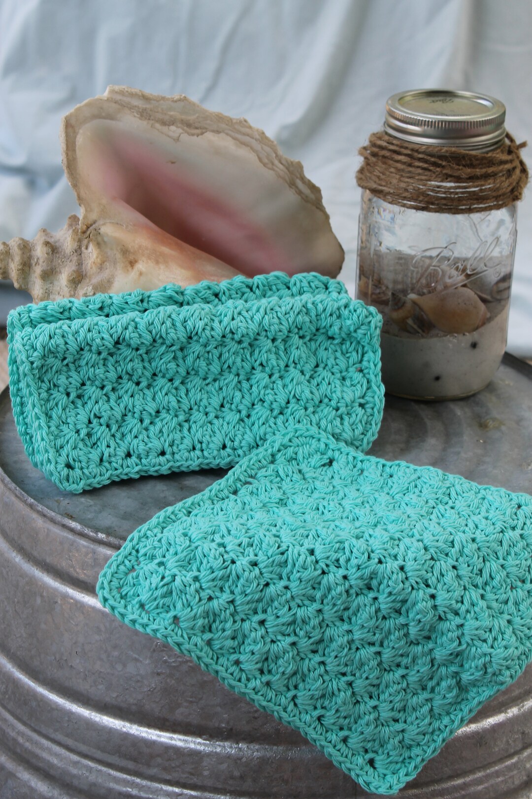 Farmhouse Wash Cloth/ Crocheted/ Cotton/ Teal/ Natural Etsy