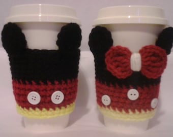 Mickey mouse coffee sleeve, Crochet Minnie mouse cozy cup, Mickey and Minnie's reusable coffee sleeve