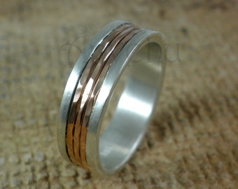 Men's hammered wedding band, Rose gold wedding band, Two tone bands, Silver and gold wedding rings, stripes band, make band, gift for him