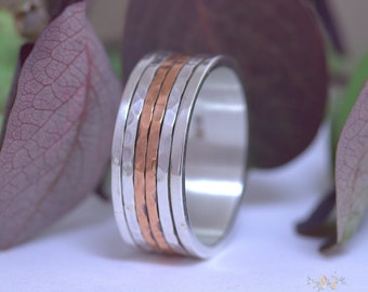 Mens Wedding Band, Rose gold and Sterling silver band, Hammered wedding band, Men wedding ring, Women wedding band 8.5mm