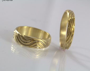 His and hers wedding rings Matching bands 14k yellow gold bands Wedding set Solid Gold Bands Textured Bands Engraved Gold Ring