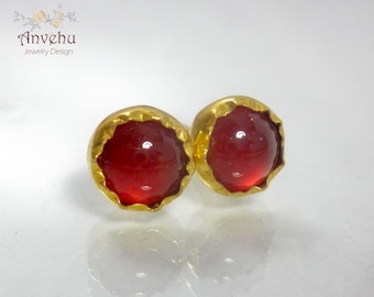 Gold Stud earrings, Carnelian Earrings, Round Stud, 18k Gold Earrings, Gemstone Stud, Gold Post, Gift For Her, Carnelian Stud, Handmade