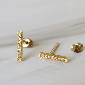 Gold Bar Earrings, tiny gold bar studs, gold cz line earrings, gold line studs, gold minimal earrings, gold cz earrings, zirconia bar studs