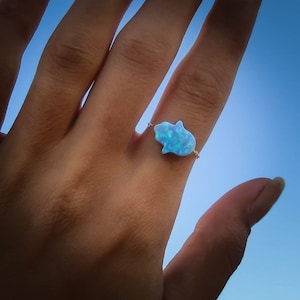 Opal Ring, Gold Opal Ring, Blue Opal Ring, Opal Hamsa Ring, Opal Stacking Ring, Turquoise Ring Gold Stacking Ring, Statement Ring