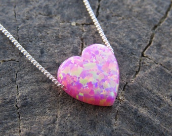 Pink Opal necklace, heart necklace, silver necklace, opal heart necklace, silver heart necklace, silver opal necklace, Pink opal jewelry