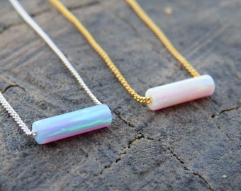 Opal necklace, opal tube necklace, opal gold necklace, opal jewelry, tiny opal necklace, opal bead necklace dot necklace blue opal necklace