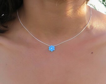 Collar de flores, collar de flores de ópalo, collar de ópalo azul, joyería de flores, joyería delicada, piedra de nacimiento de octubre, ópalo sintético, niñas y niños