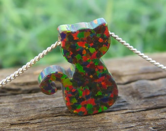 Opal necklace, cat opal necklace, black opal necklace, opal gold necklace, opal jewelry, child necklace, animal jewelry, synthetic opal
