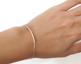 Rose gold bracelet, Rose gold tube bracelet, dainty gold bracelet, 14k gold filled curved Bar bracelet, minimal bracelet, everyday bracelet