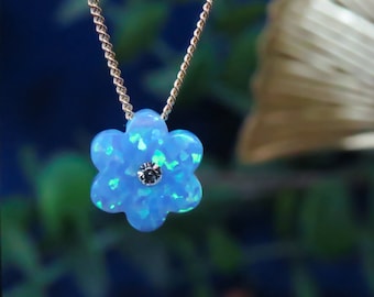 Flower necklace, Opal Flower necklace, Blue Opal Necklace, Flower jewelry, Delicate jewelry, October birthstone, synthetic opal, girls kids
