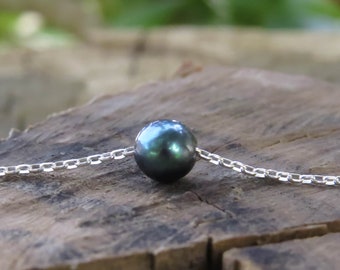 Single pearl necklace, Black pearl necklace, floating pearl silver necklace, bridsmaid gift, freshwater pearl necklace, june birthstone