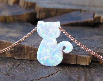 Opal necklace, cat opal necklace, white opal necklace, opal gold necklace, opal jewelry, child necklace, animal jewelry synthetic opal