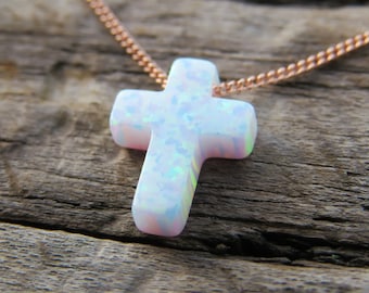 Opal necklace, Cross opal necklace, white opal necklace, opal gold necklace, opal jewelry, child necklace, opal jewelry, synthetic opal