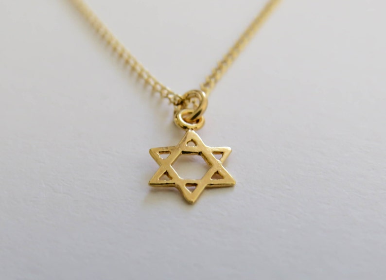 May include: A gold chain necklace with a small gold Star of David pendant.