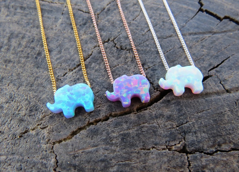 Opal necklace, opal Elephant necklace Blue opal necklace opal gold necklace Elephant necklace October Birthstone Christmas synthetic opal image 5