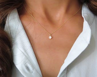 Gold Solitaire Necklace, Gold Necklace, CZ Diamond Necklace, cubic zirconia necklace, bridesmaid gift, Simple Delicate Necklace, everyday