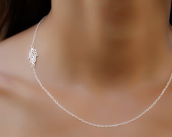 Hamsa necklace, silver hamsa necklace, sideways hamsa necklace, silver hand necklace, evil eye necklace