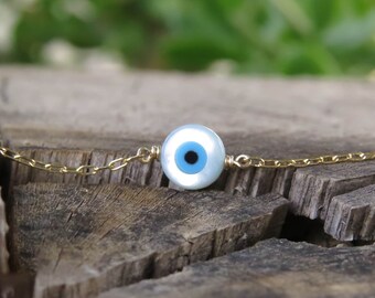 Gold Bracelet, gold evil eye Bracelet, Lucky Bracelet, pearl gold Bracelet,Mother of pearl Bracelet, evil eye necklace, Christmas gift